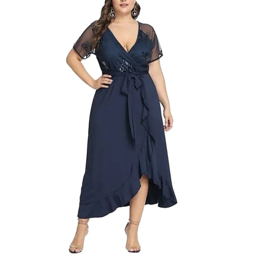 Stitching Sequin Top Sheer Mesh Sleeves Ruffled Hem Navy Blue Wrap Dress w/Belt